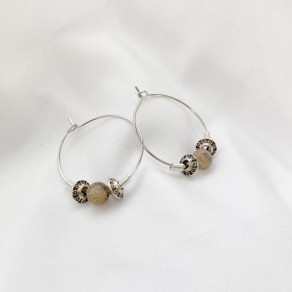 Stainless Steel Hoop Earrings with Peach Pink Round and Silver Bead - Picture 4 of 4